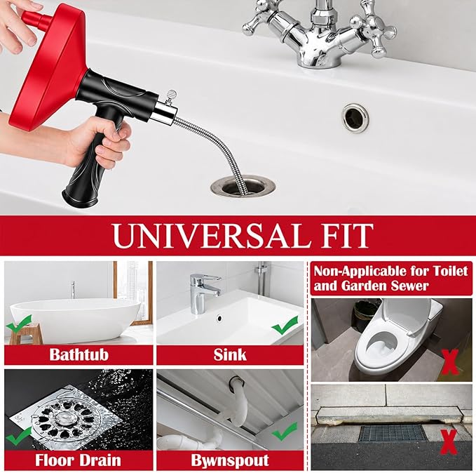 Drain Snake Auger 33 Ft, Plumbing Snake Drain Hair Clog Removal Tool, Heavy Duty Snake Auger, Sink Unclogger Drain Cleaner Tool for Bathroom Kitchen Tub Shower Drain Clog Remover with Gloves, Red
