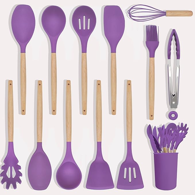 Kitchen Utensils Set 12 Pieces Nonstick Silicone Cooking Utensils Wood Handle Silicone Cooking Utensils Set with Holder Dishwasher Safe BPA Free (Purple)
