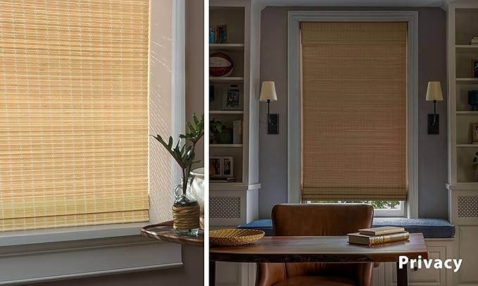 LazBlinds No Tools No Drill Cordless Bamboo Roman Shades, Privacy Window Treatment, Roll Up Bamboo Blinds for Windows 43'' W x 64'' H, Natural