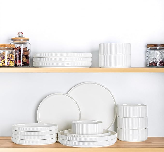 TheTerra Ceramic Dinnerware Sets for 8, 24 Pieces Porcelain Lightweight Plates and Bowls Sets, Scratch Resistant Dish Set, Oven & Microwave & Dishwasher Safe, Crisp White