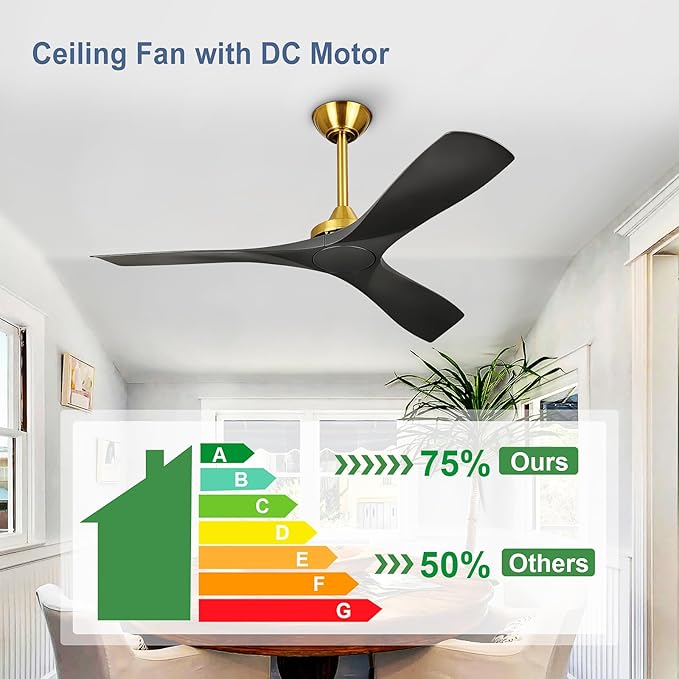 Modern Ceiling Fan with Remote: Black and Gold Ceiling Fans 3 Blades - 52 Inch Ceiling Fan No Light for Covered Outdoor Living Room Bedroom