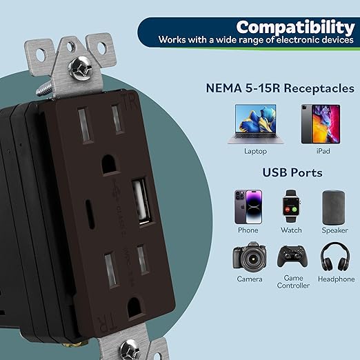 TOPGREENER 2-Port USB Outlet, Type C USB Wall Outlet, 15 Amp TR Receptacle Plug, Charging Power Outlet with USB Ports, Wall Plate Included, UL Listed, TU21536AC-BR-2PCS, Brown, 2 Pack