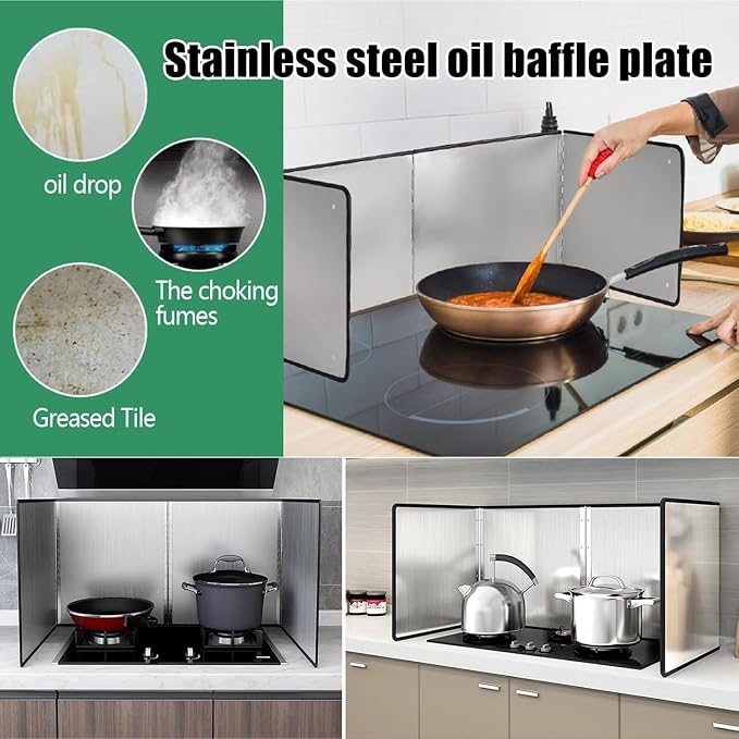 Multi-Sided Stove Splatter Guard for Cooking Kitchen Anti Shield Portable Folding Cooker Side Fat Oil Splash，Foldable Stainless Steel Splatter Guard - 4-Sided Oil Screen for Frying Pan - Kit