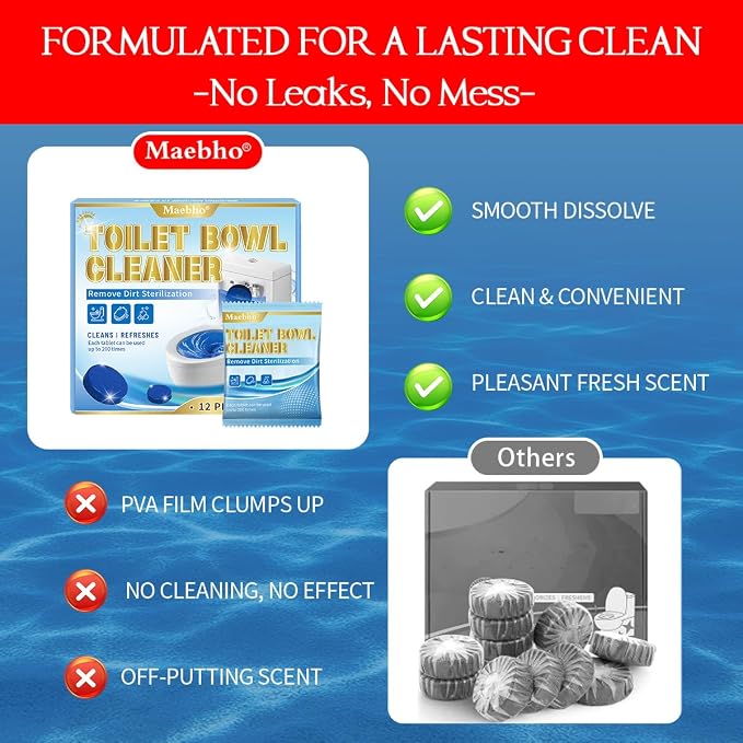 Automatic Toilet Bowl Cleaner Tablets,12- Pack Blue Gel In-Tank Cleaner, Removes Hard Water Rings & Stains, Septic Safe, Cleaning & Deodorize, Fresh Scent,50g Each