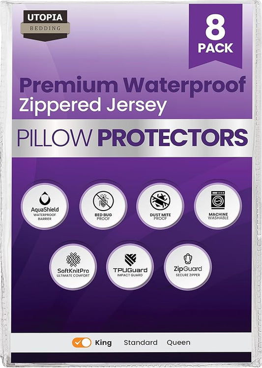 Set of 8 Pillow Protectors with Zipper King Size, Bed Bug and Dust Mite Proof Pillow Covers, Ultra Soft Pillow Encasements, Moisture Wicking and Waterproof Pillow Cases by Utopia Bedding (White)