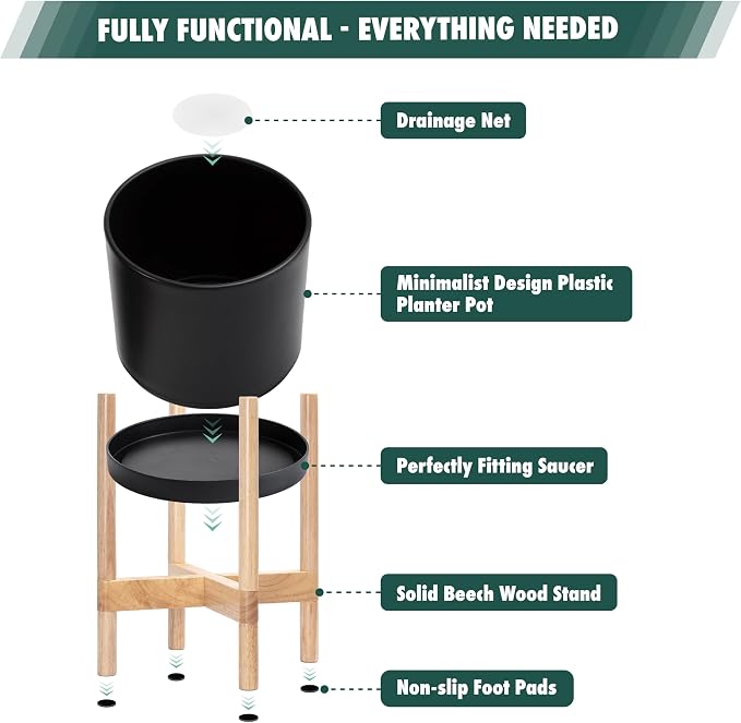 D'vine Dev Plastic Pot with Natural Wood Stand, Black, 14 in, 55-C-S-2 | Mid-Century Inspired Design, Elevated Plant Display, Clean Lines, Sturdy Support, Modern Space-Saving Style