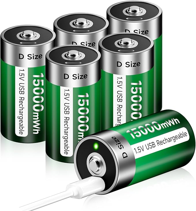 Rechargeable D Batteries 6 Pack with USB-C Charging Cable, D Size Cell Battery 15000mWh for Flashlight Toys & Floodlight