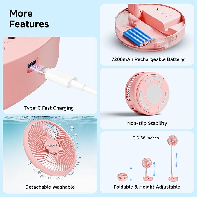 Belife X8 Portable Fan, 7200mAh Battery Powered Rechargeable, Oscillating USB Desk Floor Fan with Remote, Foldable Telescopic Fan for Home Bedroom Sleeping Office Camping Travel, 7.7" (Pink)