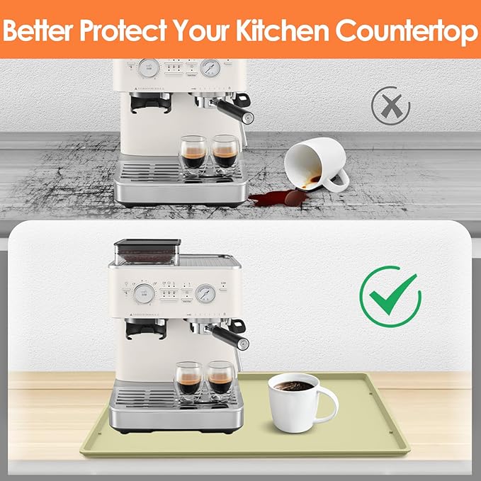 Silicone Coffee Maker Mat with Lip, 19.7'' x 15'' Heavy Duty Coffee Maker Mat for Countertops, Coffee Tray Fit Under Coffee Machine Appliance Automatic Machines Espresso Accessory, Sage Green