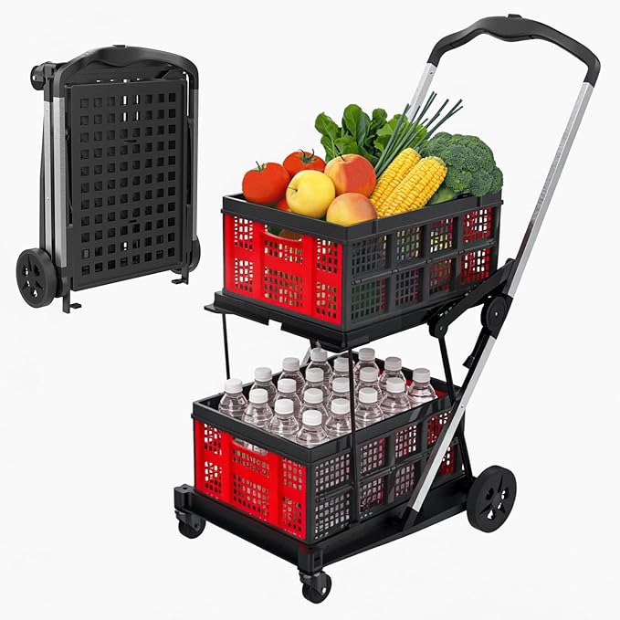 Collapsible Shopping Cart with Wheels,2 Tier Multi Use Foldable Shopping Cart with 2 Storage Crates,Folding Shopping Trolley Utility Cart for Office,Groceries, Warehouse,Supermarket,Picnic (Red)