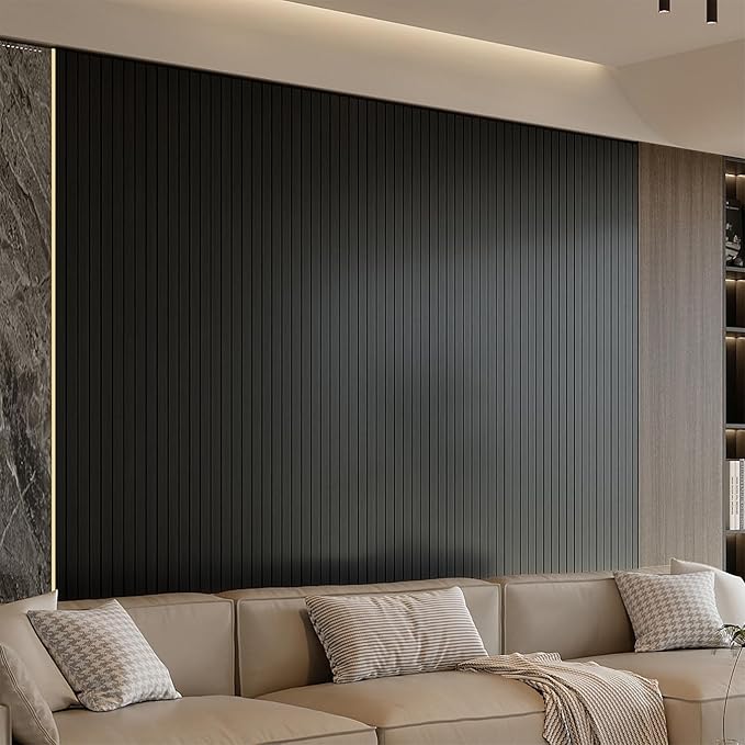 YU LI 3DH Peel and Stick PVC Slat Wall Panel 236"x15.75" Self-Adhesive Thick Faux Black Wood Grain Wallpaper Panel 3D Soundproof Wall Panels for Walls & Ceilings