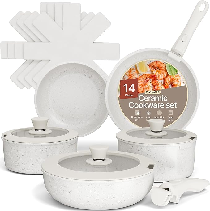 Pots & Pans Set Non Stick Ceramic-Granite – 14-Piece Cookware with Detachable Handles, Stackable Space-Saving, Dishwasher Safe, Stain-resistant, Oven & All-Stove Safe, Tempered Glass Lids, White Cream