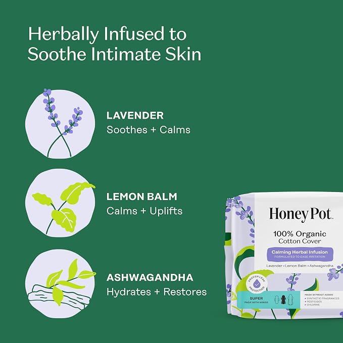 The Honey Pot Company - Calming - Super - Pads for Women | 100% Organic Cotton Cover - Calming Herbs of Lavender, Ashwagandha, & Lemon Balm - Pads w/Wings - Feminine Care - 64ct