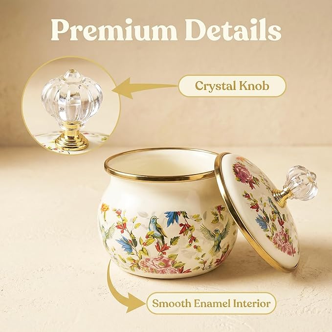 Flowers Birds Enamel Sugar Bowl Seasoning Jar Vintage Tea Canister Spice Box Retro Coffee Candy Storage Pot Bohemian Salt Container Jar for Home Kitchen Decor