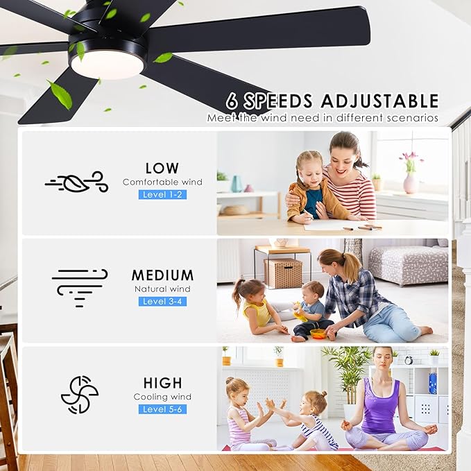 Asyko 46" Low Profile Ceiling Fan with Light and Remote Control,Black Modern Flush Mount Ceiling Fan with Lights for Bedroom, Reversible, Dimmable, Noiseless