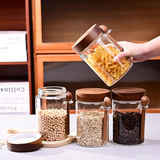 SAIOOL 30 oz (2-Pack) High Borosilicate Glass Food Storage Containers with Spoons, Airtight Screw-Tight Lid for Kitchen Pantry - Dry Food, Coffee,Tea,Snacks, Flour Canisters, High Transparency