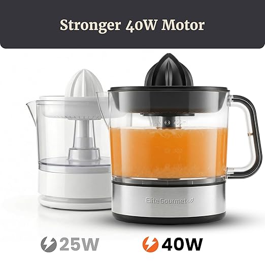 Elite Gourmet ETS326 BPA-Free 40-Watt Electric Citrus Juicer, Compact, Large Volume, Pulp Control, Oranges, Lemons, Limes, Grapefruits with Easy Pour Spout, 24oz, Black/Stainless Steel