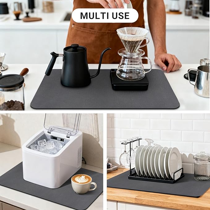 Coffee Mat 24x16 Inch, Dark Gray Coffee Table Mat, Absorbent Hide Stain Rubber Backed Dish Drying Mat for Kitchen Counter, Bar Mats for Countertops, Under Coffee Bar Maker Machine Pot Espresso Staion