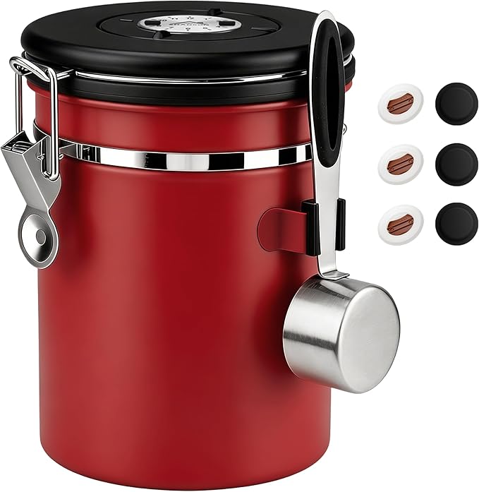 ShanSon Coffee Canister Airtight Coffee Container Stainless Steel Coffee Bean Storage Container with Scoop Coffee Canister for Beans Grounds Sugar Flour Tea Cereal,22OZ,Red