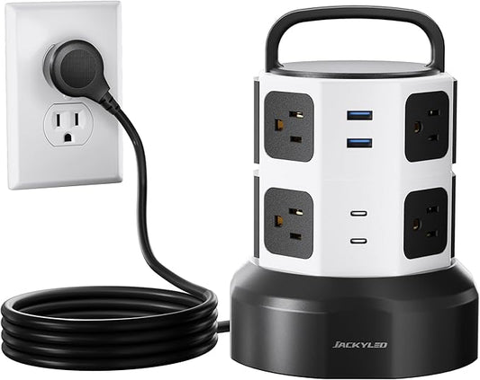Tower Surge Protector Power Strip, JACKYLED Extension Cord with Multiple Outlets, 8 Outlets 4 USB Ports(2 USB C) 1625W/13A Retractable Cord Charging Station with 1050J Protection, Home Office Supplies