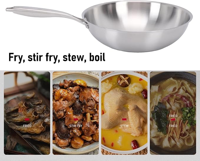 ZJchao Stainless Steel Wok Pan, Stir Frying Pan, Induction Cooking Wok with Handle Nonstick Stir Fry Cookware for Induction Electric Gas All Stove (32CM)
