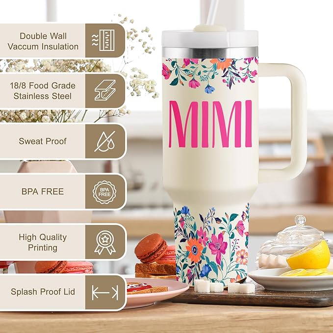 ROSTANTEN Mimi Gifts for Grandma Mothers Day Gifts for Mimi Grandma Gift Ideas from Grandkids for Birthday Christmas 40oz Travel Cup Insulated Tumbler with Lid & Straw