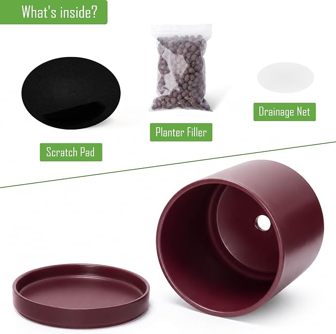 D'vine Dev 6.5 Inch Ceramic Planter Pot, Cordovan, 94-O-C-4 | Modern Cylinder Design, Drainage Hole & Saucer Included, Stable Structure, Elegant Home Accent