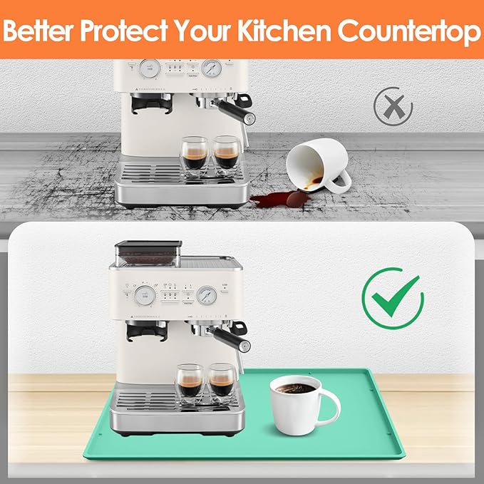 Silicone Coffee Maker Mat with Lip, 19.7'' x 15'' Heavy Duty Coffee Maker Mat for Countertops, Coffee Tray Fit Under Coffee Machine Appliance Automatic Machines Espresso Accessory, Mint Green