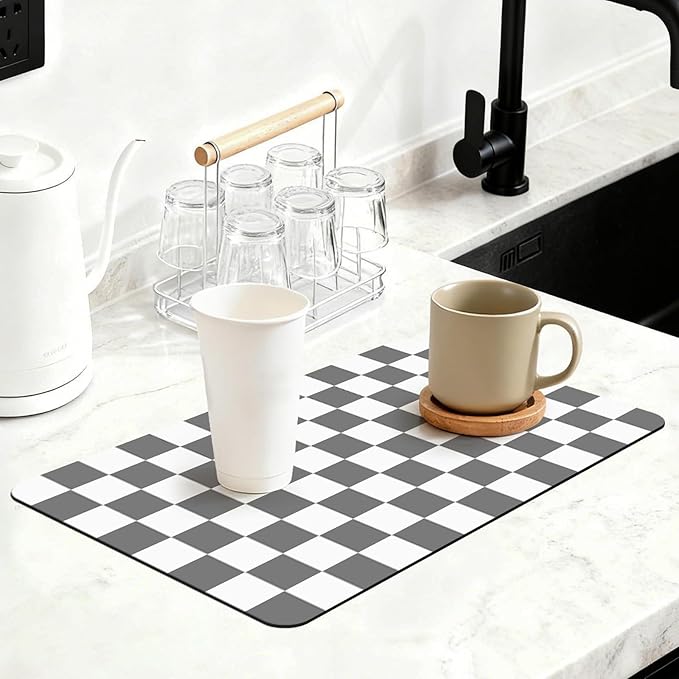 16" x 24" Checkered Dish Drying Mat for Kitchen Counter, Absorbent Coffee Bar Mat for Espresso Machine Coffee Countertops Accessories, Grey