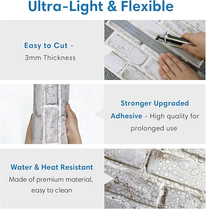 COMSTICKC 3D Faux Brick Wall Panel Peel and Stick, 10 Pcs of 12"X12", Small Size, Ultra-Light PVC Fake Brick Decorative Tiles Backsplash, Paintable, Not Real Brick (Whitewash -2)