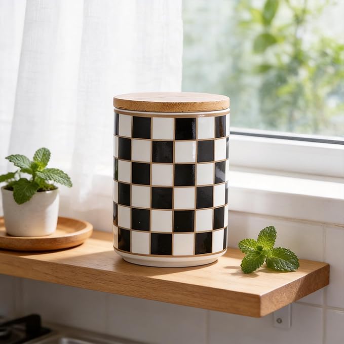 Kitchen Countertop Ceramic Checkered Canisters,Black And White Food Storage Containers With Lid,Airtight Kitchen Canisters for Flour, Sugar, Coffee, Tea, and Dry Goods (Black, Small)