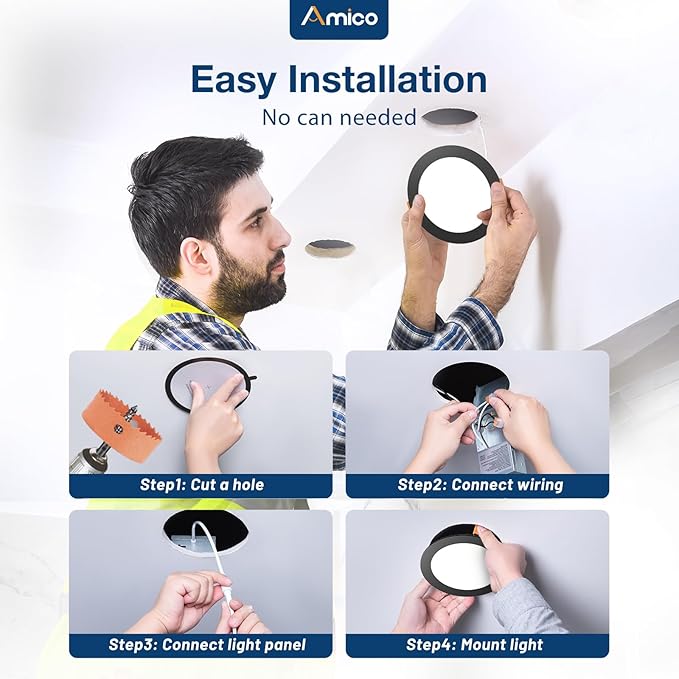 Amico 24 Pack 6 Inch Black 5CCT Ultra-Thin LED Recessed Ceiling Light with J-Box, 2700K/3000K/3500K/4000K/5000K Selectable, 12W Eqv 110W, Dimmable Canless Downlight, 1050LM High Brightness, ETL, FCC