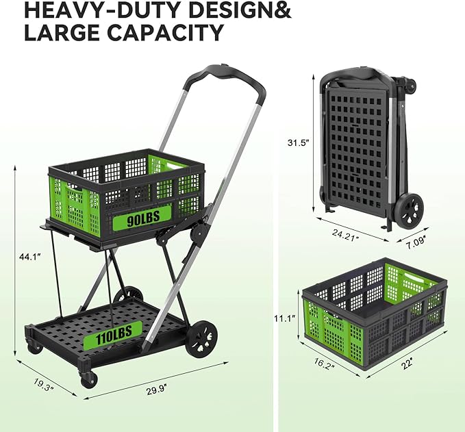 Collapsible Shopping Cart with Wheels,2 Tier Multi Use Foldable Shopping Cart with 2 Storage Crates,Folding Shopping Trolley Utility Cart for Office,Groceries, Warehouse,Supermarket,Picnic (Green)