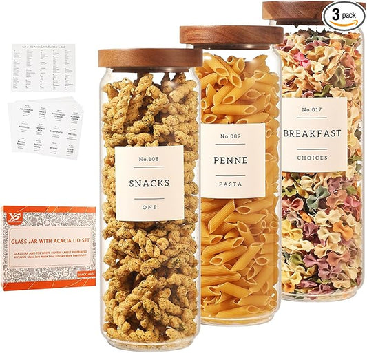 3 Pack Glass Canisters with Airtight Acacia Lids and 132 Kitchen Pantey Labels Preprint - 45 Fl Oz Borosilicate Glass Pantry Storage Jars Containers with Wooden Lids for Tea,Sugar,Cookie,Coffee,Nuts