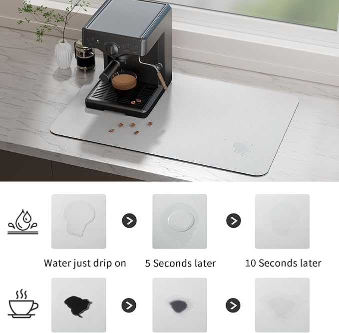 Ecotrim Absorbent Coffee Mat , Stain Hiding PU Leather Surface, Non-Slip Natural Rubber Backing, Quick Dry Mat for Espresso Machine, Kitchen Counter ,Light Grey | 17" x 31.5"