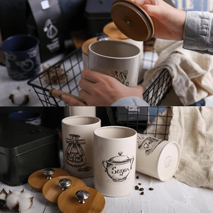 Youeon Small Canister Sets for Kitchen Counter, 25 Oz Coffee Sugar Tea Canister Set, Metal Vintage Kitchen Container 3 Pack, Food Storage Containers with Bamboo Lid, Farmhouse Decor, Beige