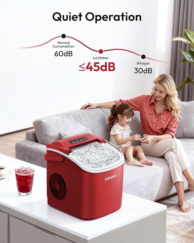 EUHOMY Countertop Ice Maker Machine with Handle, 26lbs Per Day, 9 Ice Cubes Ready in 6 Mins, Auto-Cleaning Portable Ice Maker with Basket and Scoop, for Home/Kitchen/Camping/RV (Red)