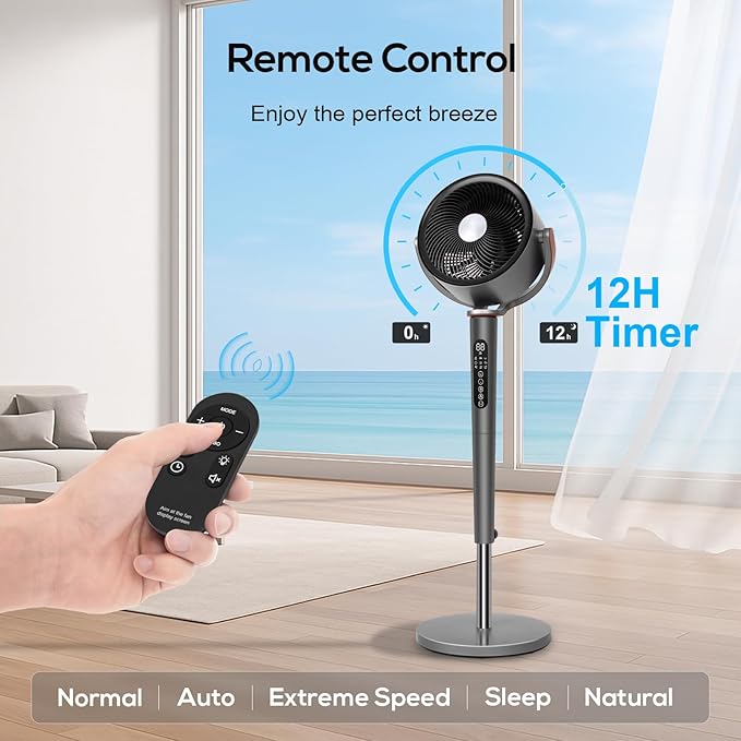 hykolity Oscillating Standing Fan for Bedroom, 120° Pedestal Fan with Remote, Ultra Quiet Bedroom Fan, 12 Speeds, 5 Modes - Black