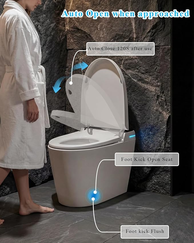 Smart Toilet with Auto Open/Close, Bidet Function, Heated Seat & Dryer, One Piece Elongated Modern Toilet with Foam Shield Technology, Heated Seat, Night Light,Tankless Toilets for Bathrooms