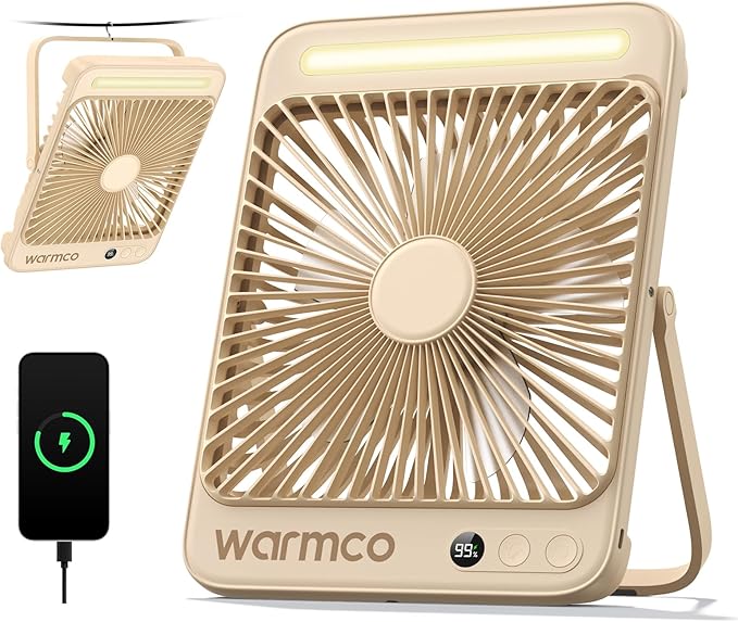 Warmco 20000mAh Battery Powered Fan, 8-Inch Ultra-Slim Portable Camping Fan with LED Lantern, Up to 48H Runtime Rechargeable Desk Fan for Bedroom, Outdoor, Tent, Travel, Cruise Ship Essentials