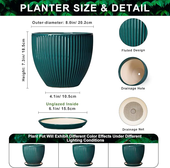 Ceramic Planter, 8 Inch Plant Pots with Drainage Hole and Saucer, Round Flower Pots for Indoor Plants, Modern Decorative Pot for Plants, Bathroom Decor, Gifts for Plant Lovers, Blackish Green