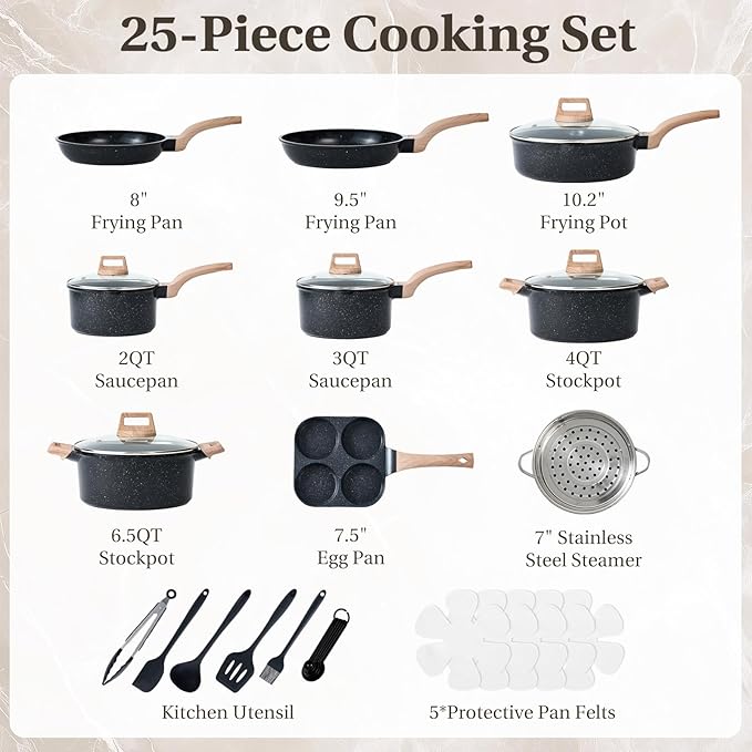 Sweetcrispy Pots and Pans Set, 25 Pcs Nonstick Cookware Set, Induction Kitchen Cooking Set, Non-Toxic Frying Pans & Saucepans (PFOA/PFOS Free) Black