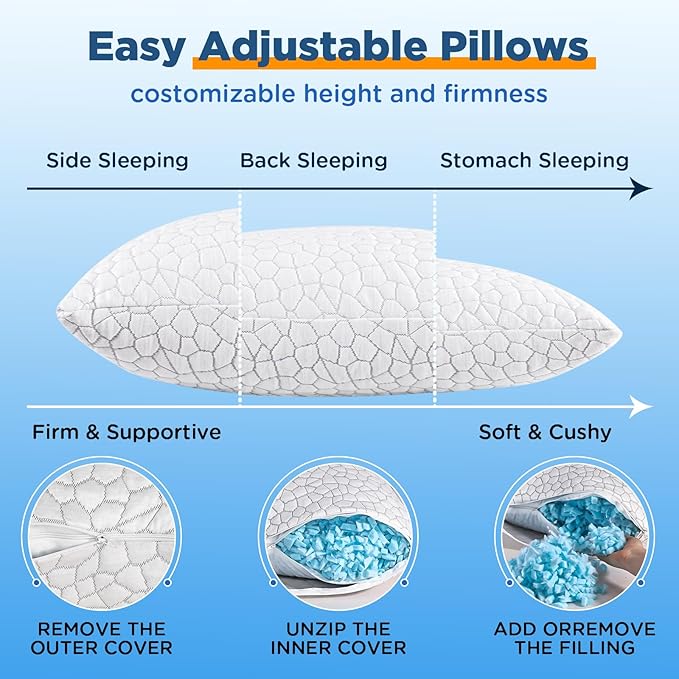 Cooling Pillow King Size 1 Pack, Adjustable Bed Pillows for Sleeping, Luxury Shredded Memory Foam Pillows, Soft Yet Supportive Firm Pillow for Side, Back, Stomach Sleepers, Cool Pillow for Hot Sleeper