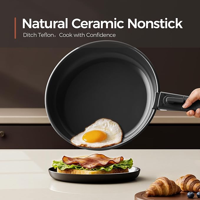 16pcs Nonstick Cookware Set, Diamond-Titanium Ceramic Coating & 3 Layer Stainless Steel Pots and Pans Set with Detachable Handle, Dishwasher Safe, Induction Compatible, Oven Safe, Black