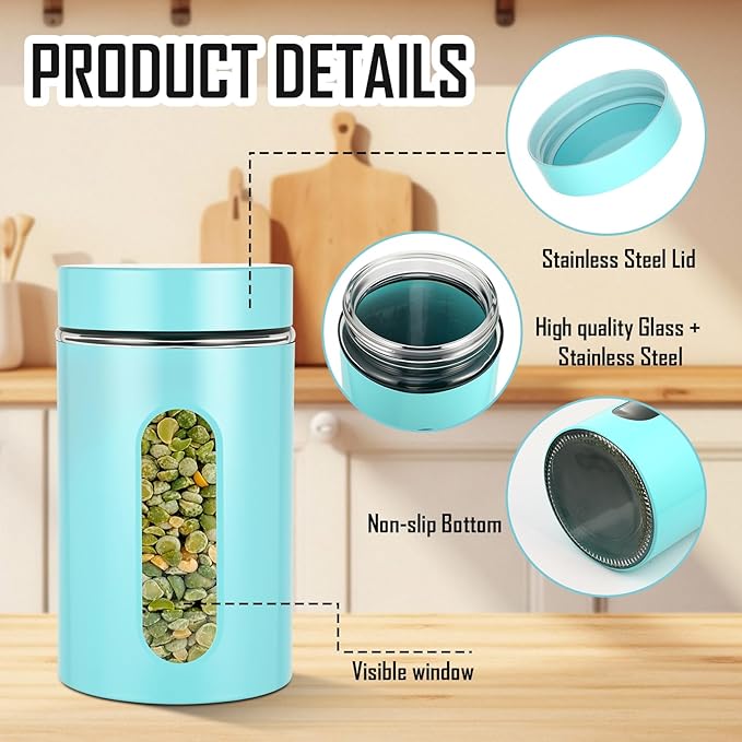 Patelai 6 Pack Kitchen Canisters Set Airtight Stainless Steel Canister Food Storage Container with Window Glass, Coffee Sugar Candy Jars Tea Organizer for Flour Cookies Spice (Turquoise,32 oz)