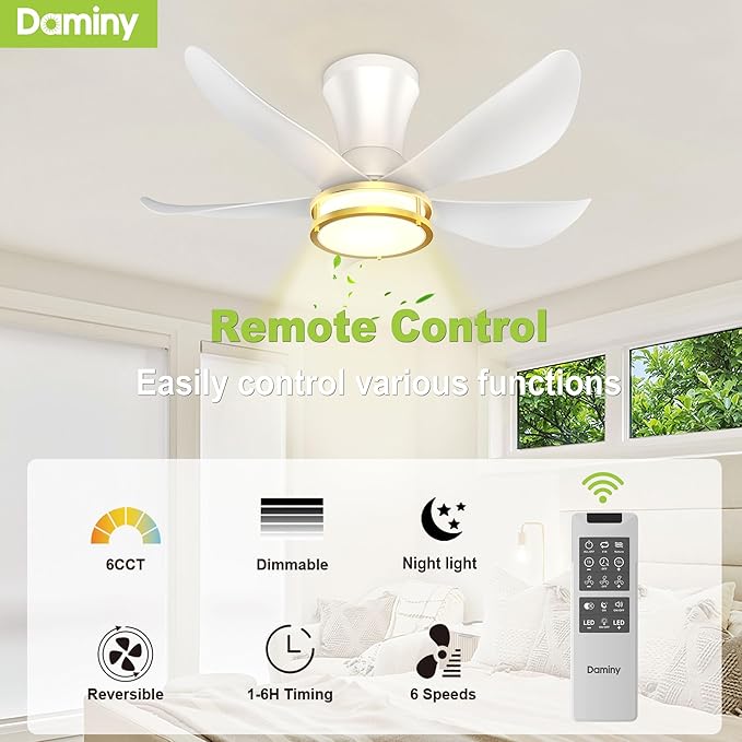 DAMINY 30 Inch White and Gold 5 Blade Ceiling Fan with Light, Modern Ceiling Fan with Remote,Large Airflow,Flush Mount,6CCT,Dimmable,Noiseless,Bedroom