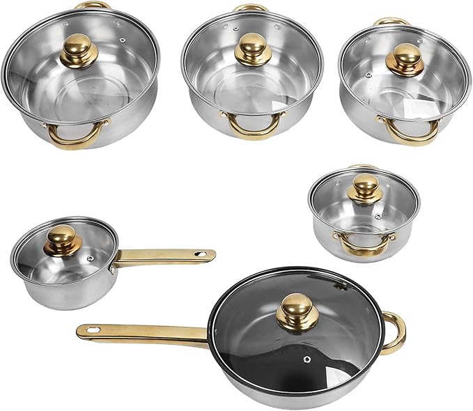 12pcs Pots and Pans Set, Stainless Steel Induction Kitchen Cookware Set with Detachable Handle, Dishwasher Non Stick Cooking Set with Frying Pan, Saucepans, Stockpots (Gold