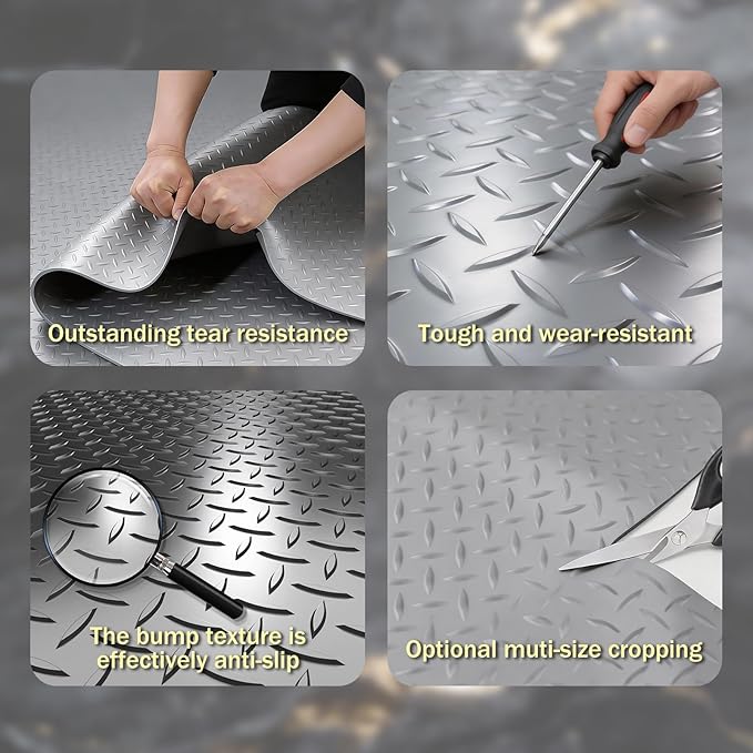 StellarStar 4x30 FT Garage Floor Mat, 2.8mm Thickened PVC Diamond Plate Garage Mat with 20PCS Tapes, Rubber Flooring Rolls for Under Car, Non-Slip Rubber Motorcycle Mat for Golf Cart, Trailer, Gray