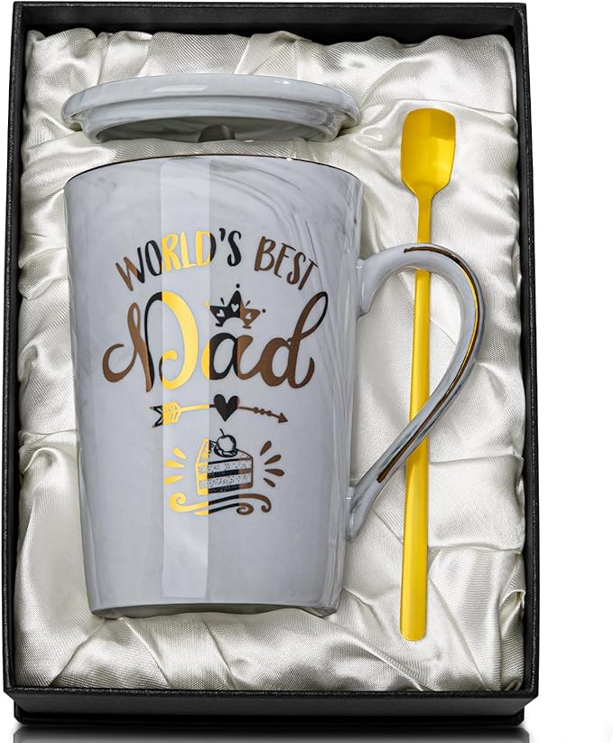 Birthday Gifts for Dad from Daughter, Son or Wife, Worlds Best Dad Mug – 14Oz Unique Grey Marble Coffee Cup with Gold Print, Funny Christmas Fathers Day Present, with Lid, Spoon, Card, Luxury Gift Box