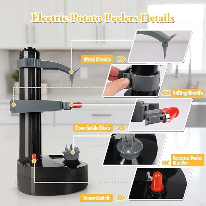 ele ELEOPTION Electric Potato Peeler Multifunction Electric Fruit Apple Peeler Potato Peeling Machine Automatic Rotating, Kitchen Peeling Tool Black
